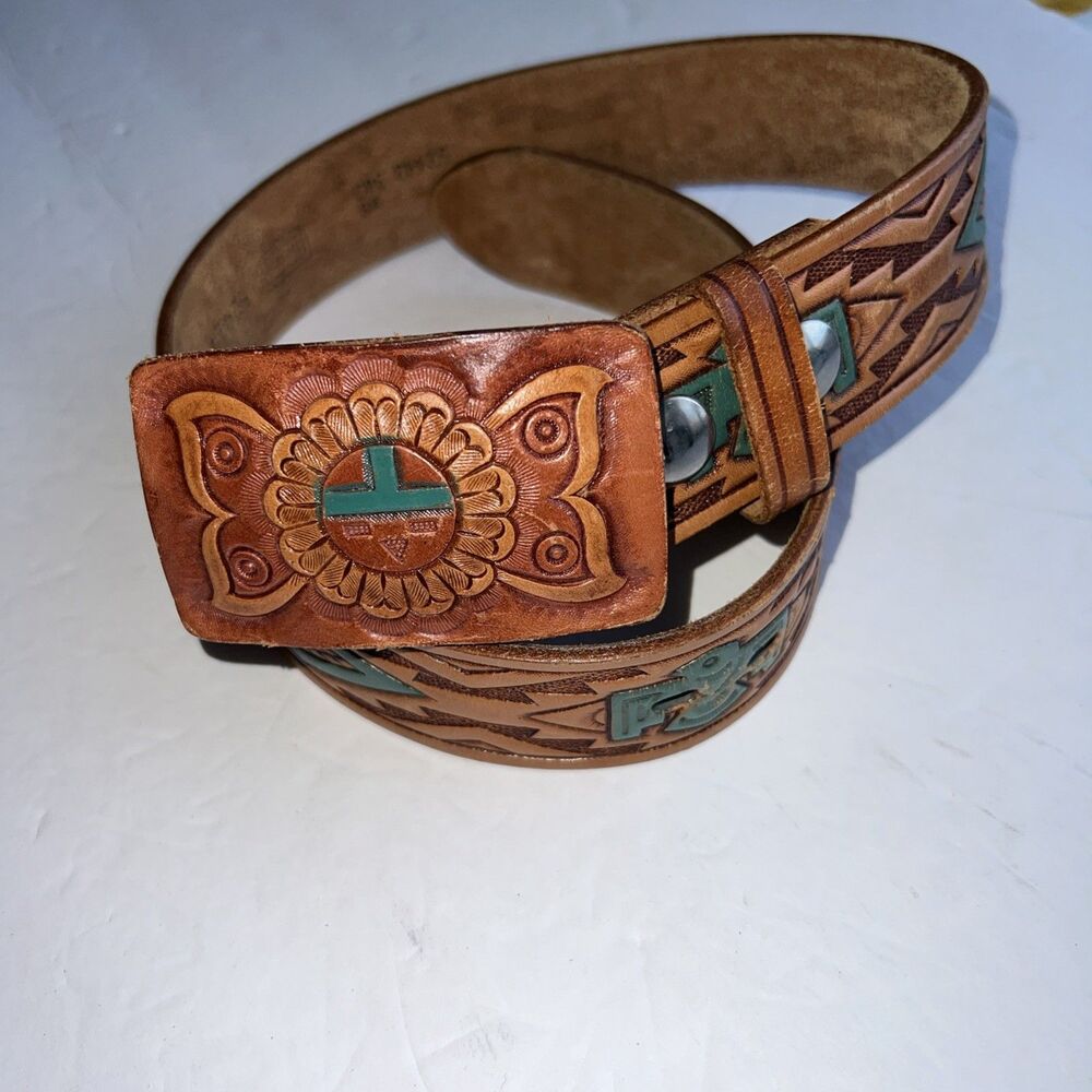 SEARS Brown Tooled Leather Belt Painted Western Aztec Southwest Buckle USA Sz 23